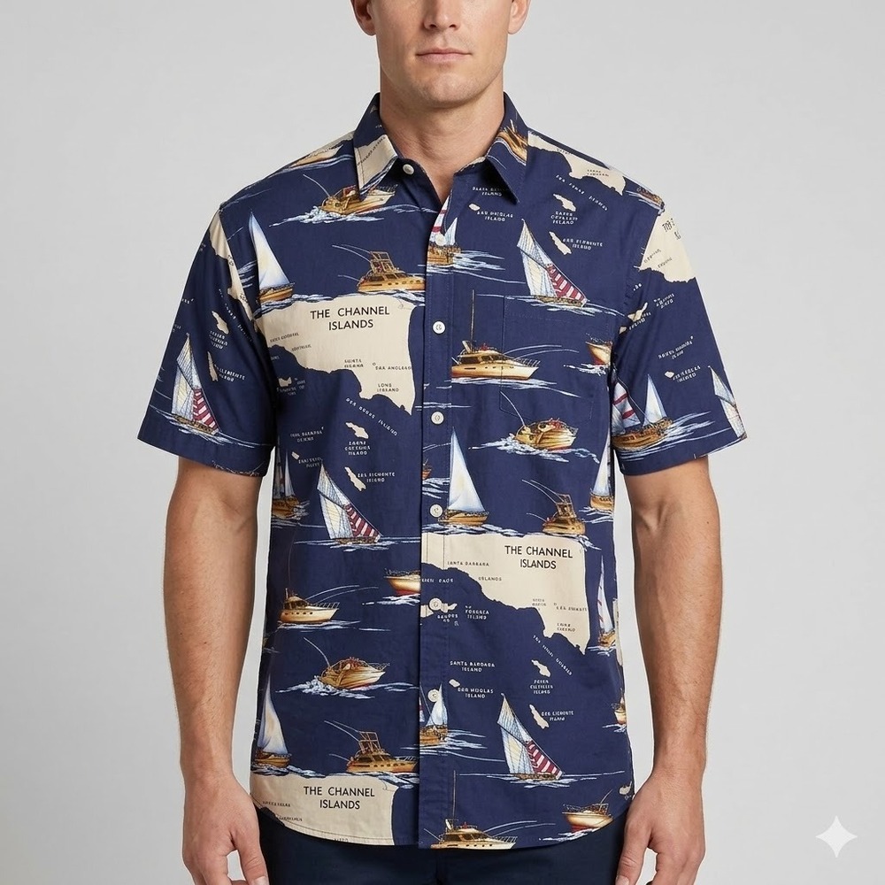 Cooke Street Hawaiian Shirt Nautical Map Sailboat Cotton Button Up XL